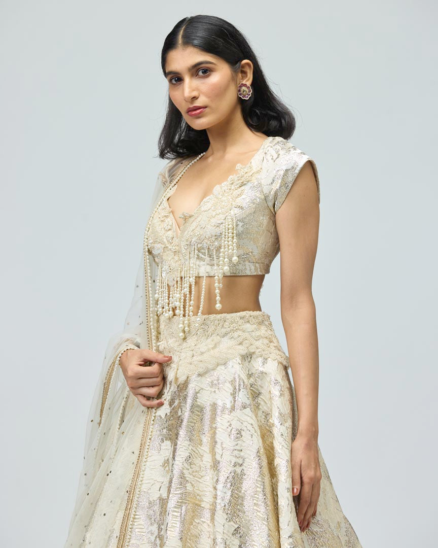 Pearl Embroidered Ivory Silk Brocade Lehenga Set for Weddings