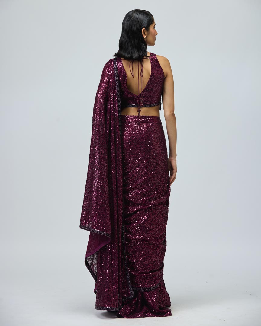 Dark Purple Sequin Drape Saree - Elegant Indo-Western Evening Set