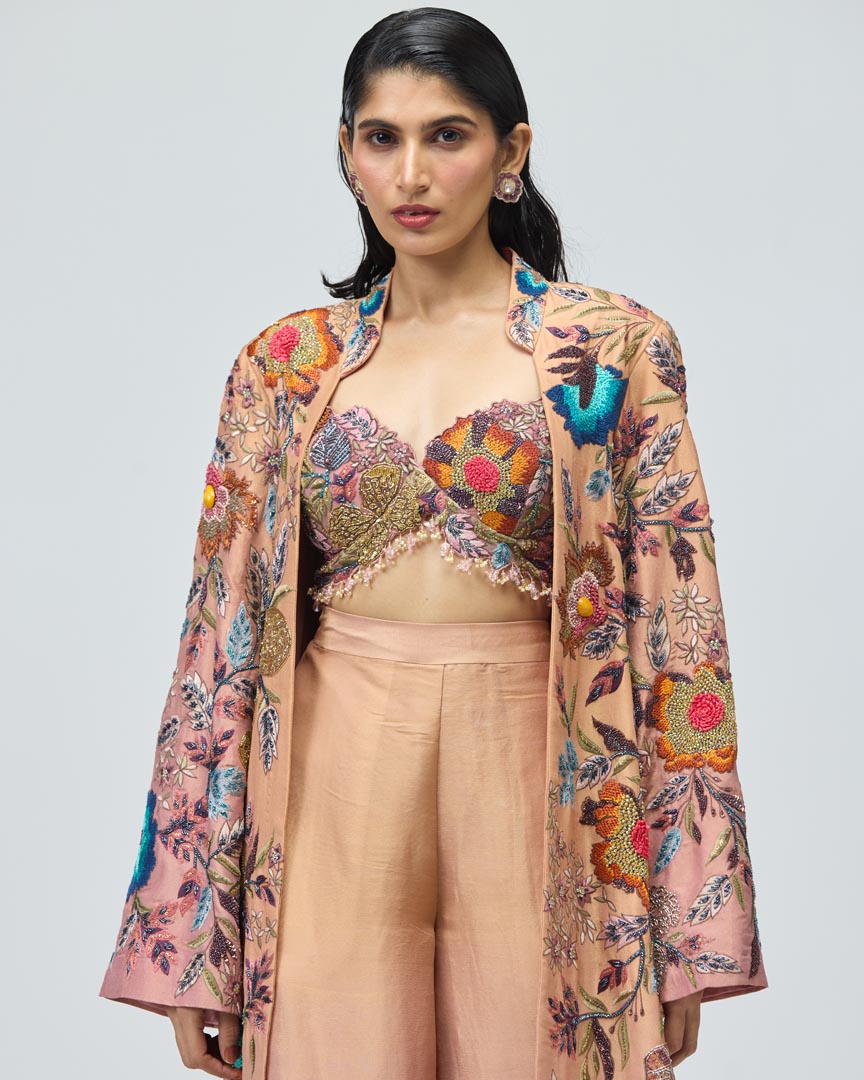 Multicolor Embroidered Peach Cape Set - Elegant Festive Indo-Western