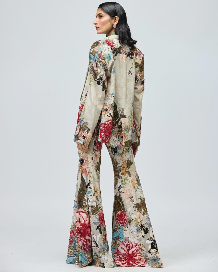 Ivory Printed Crepe Jacket Set with Bralette & Trousers