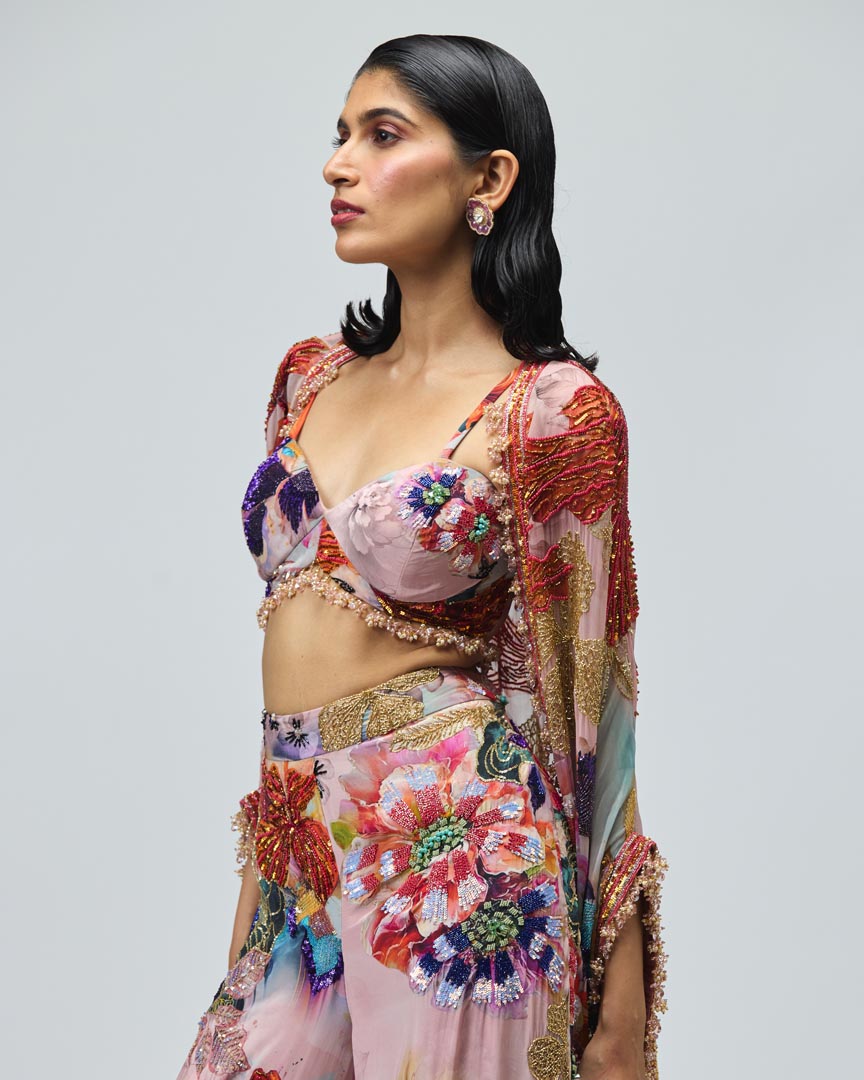 Pink Floral Printed Georgette Cape Sharara Set for Festive Wear