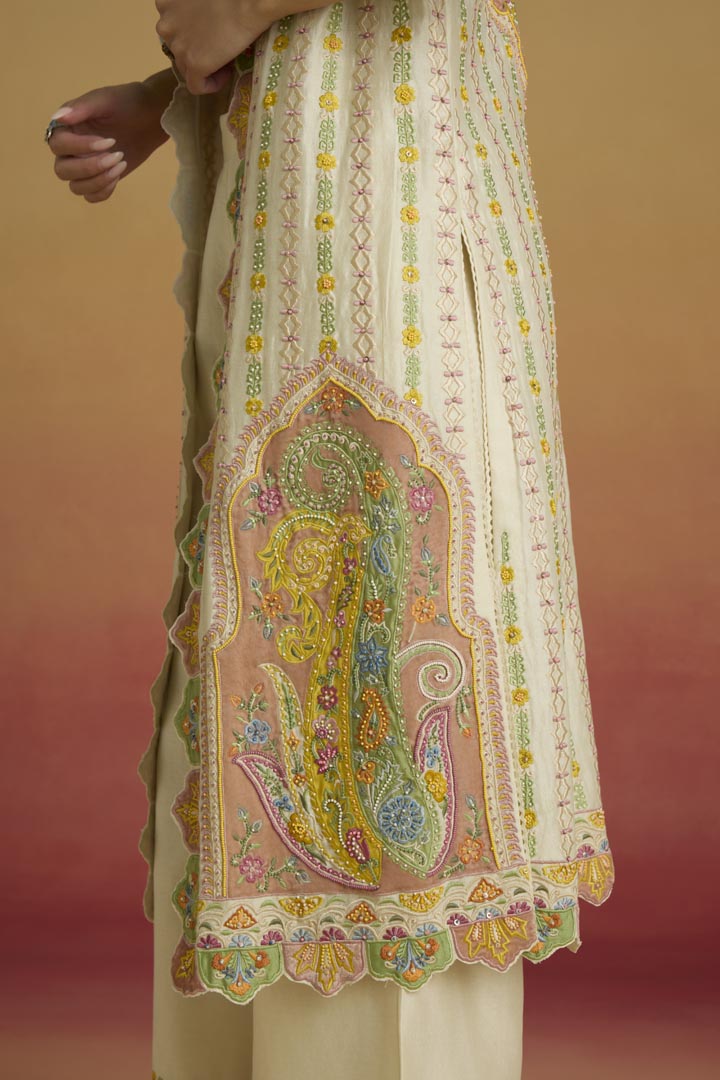 Ivory Chanderi Applique Striped Long Jacket for Occasion Wear