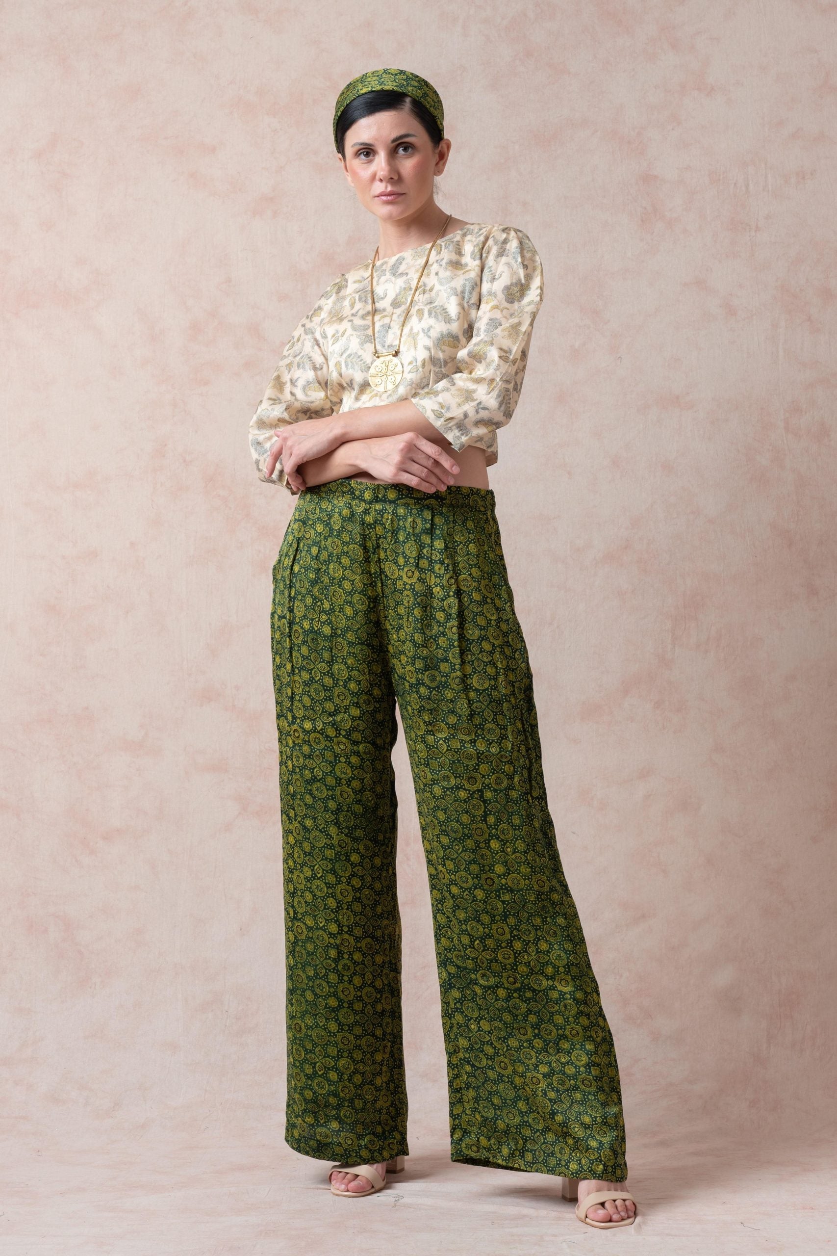 Green beige Crop top with forest green and mustard Ajrak print pleated pants