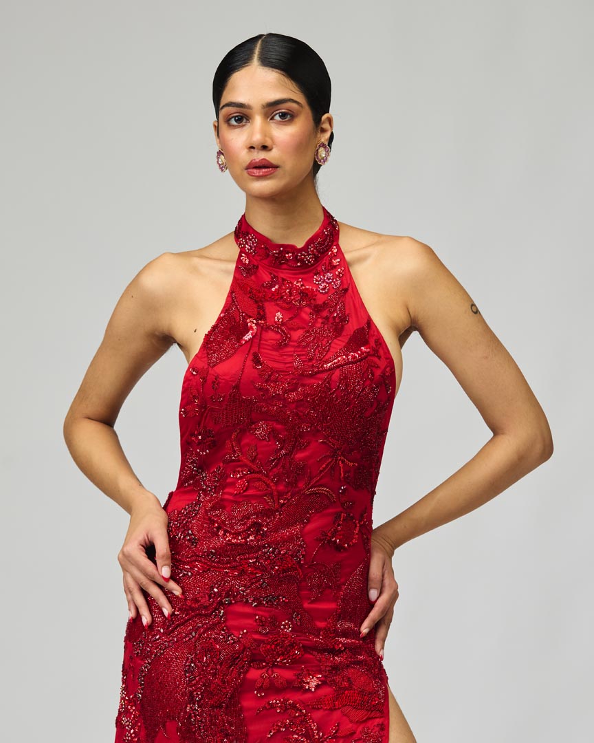 Red Embellished Gown - Designer Mono Net Festive Evening Wear