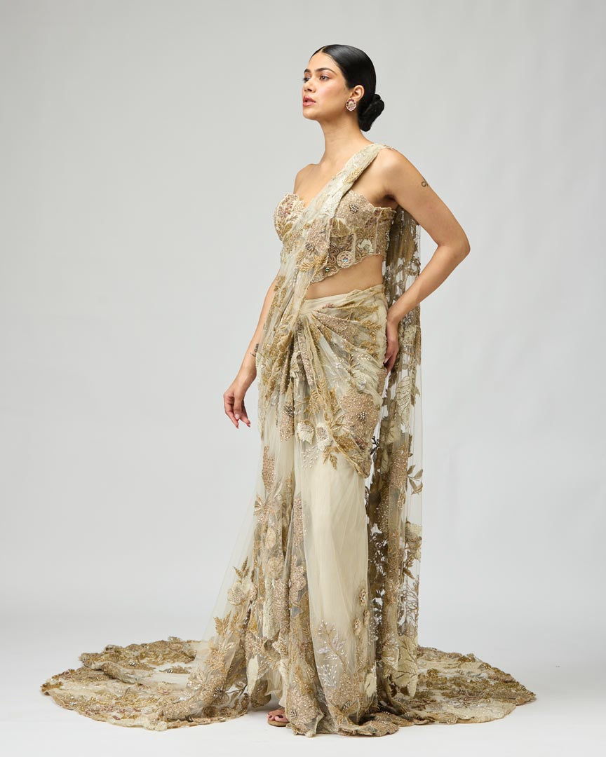 Ivory Gold Patch Saree Set in Structured Mono Net