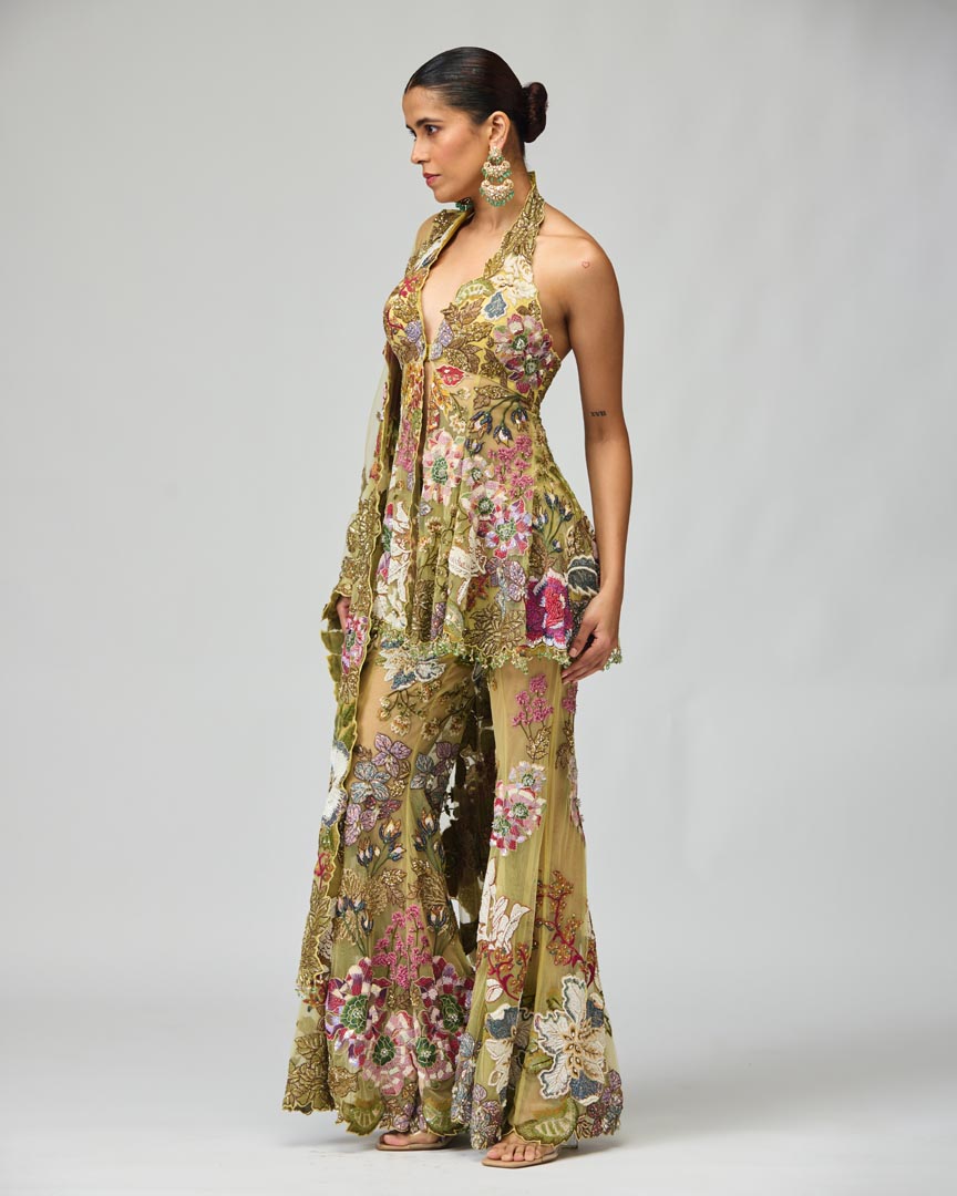 Multicolor Embroidered Mono Net Sharara Set for Festive Occasions
