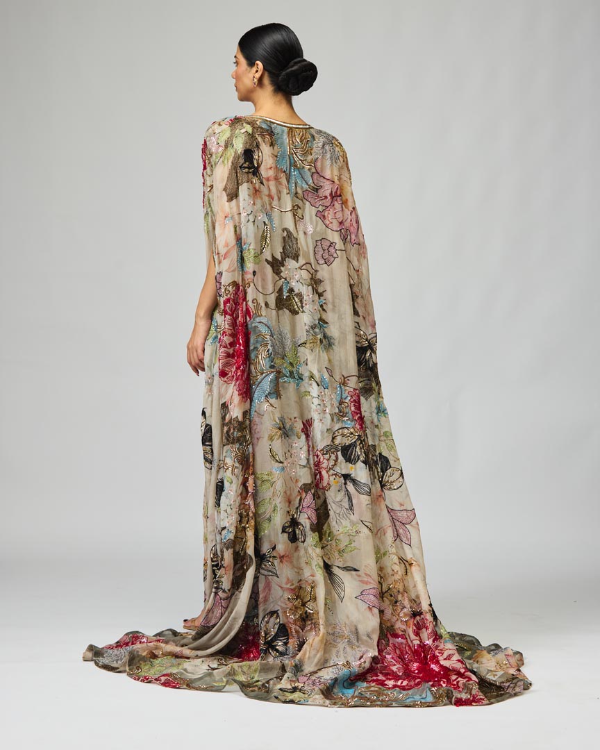 Ivory Embroidered Cape Set in Silk Crepe - Festive Tailored Ensemble