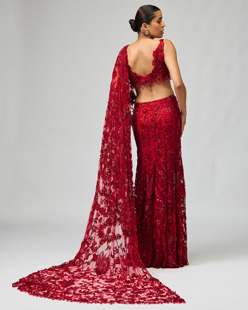 Red Embroidered Mono Net Saree Set for Wedding & Evening Wear