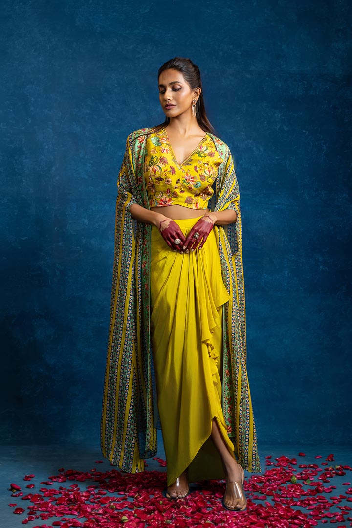 Aarani embellished  drape skirt  set with long capeSP4916