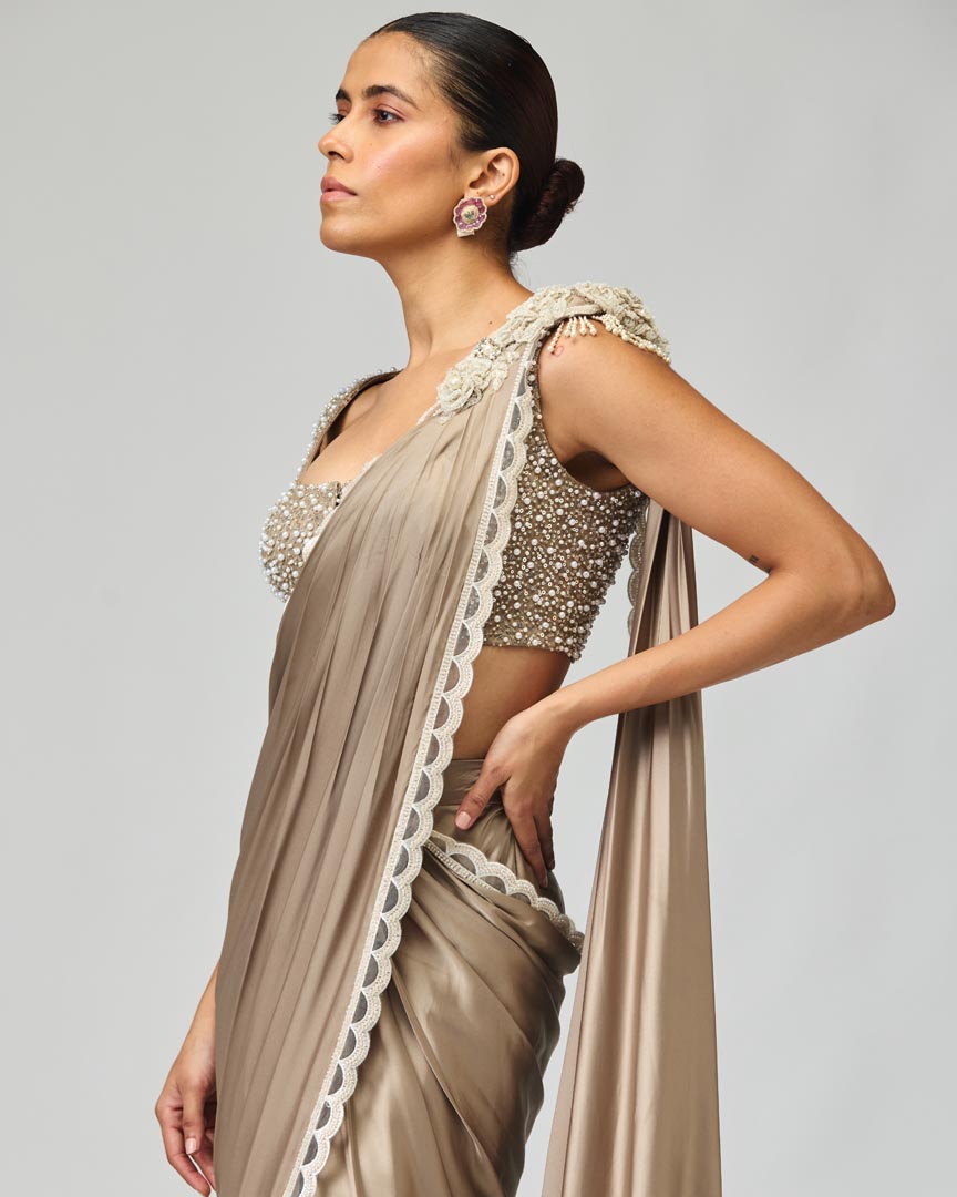 Elegant Grey Armani Satin Saree with Intricate Beadwork Embroidery