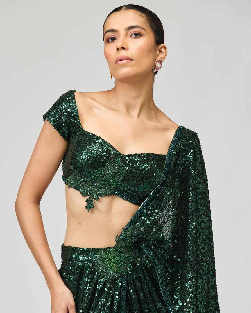 Bottle Green Dori Embroidered Saree Set – Elegant Festive Wear