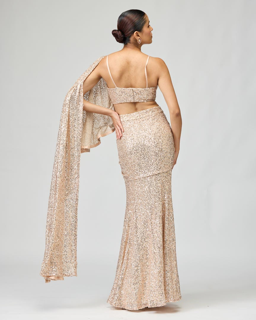 Peach Multi-Sequin Silk Georgette Saree for Cocktail Events