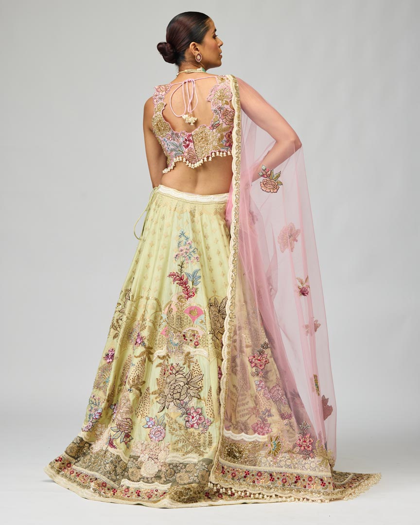 3D Patchwork Silk Brocade Lehenga Set for Grand Weddings