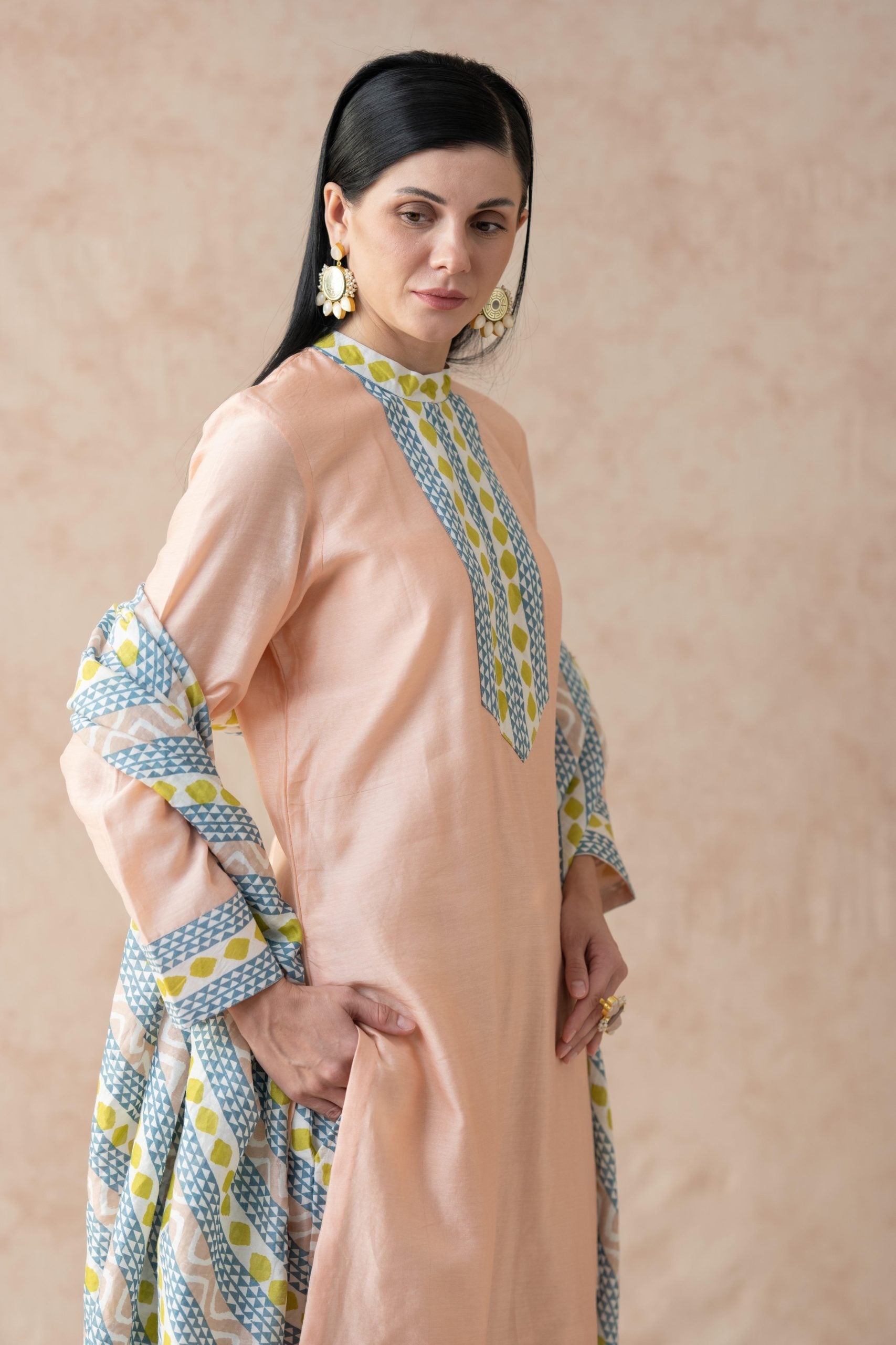 Peachy Pink Chanderi silk kurta with cotton silk printed palazzo and dupatta