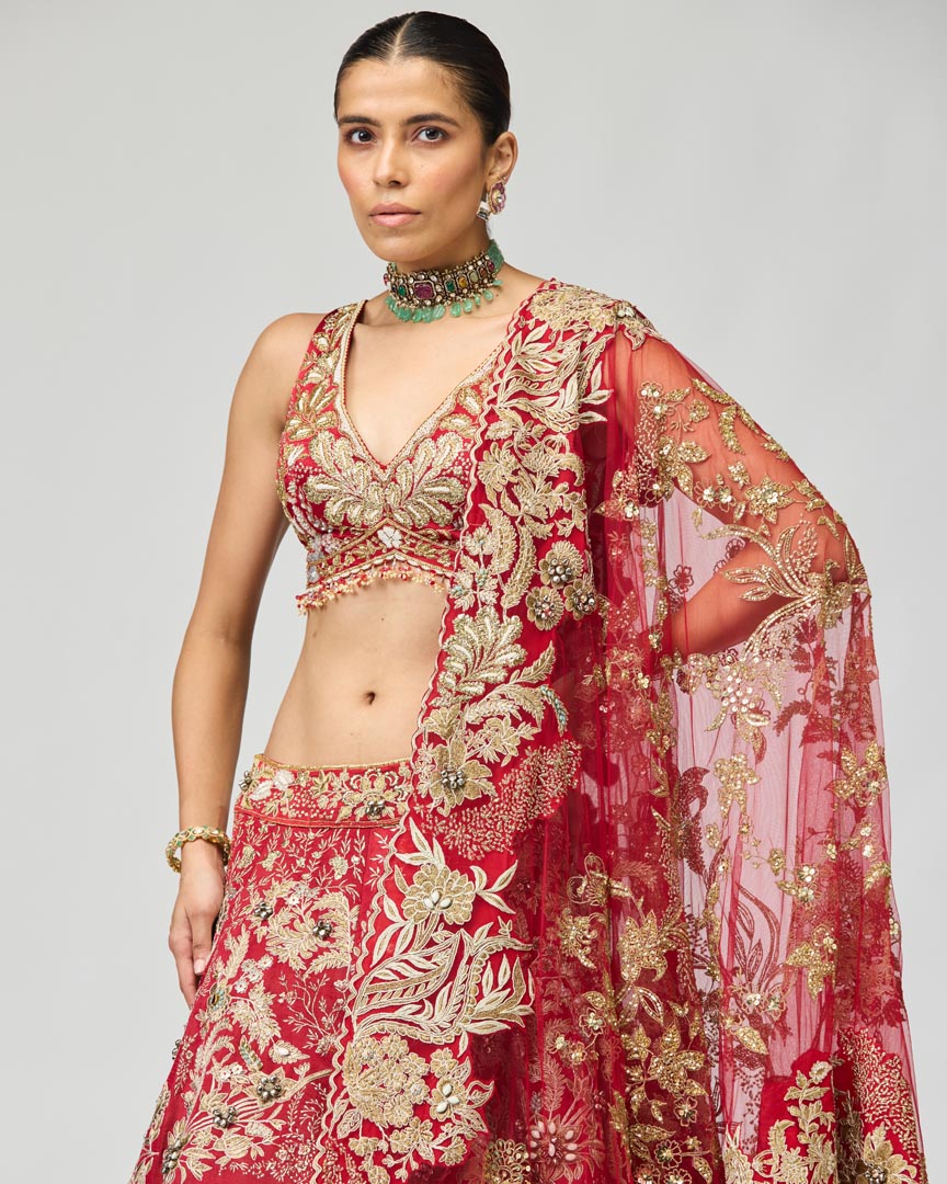 Maroon Zari Dabka Lehenga Set in Rich Viscose Satin Tissue