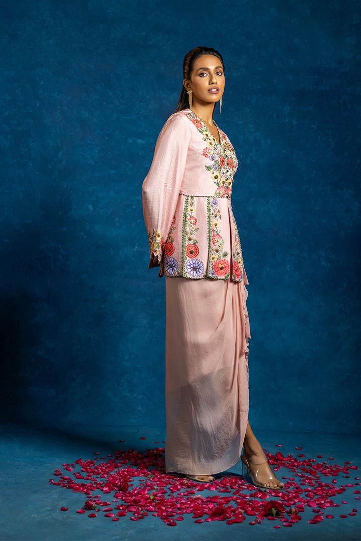 Baghira embellished panelled top with drape skirtSP4940