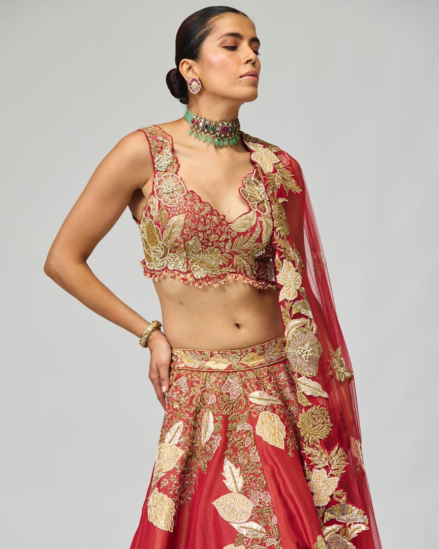 Red & Gold Zari Dabka Embellished Lehenga Set for Bridal Wear
