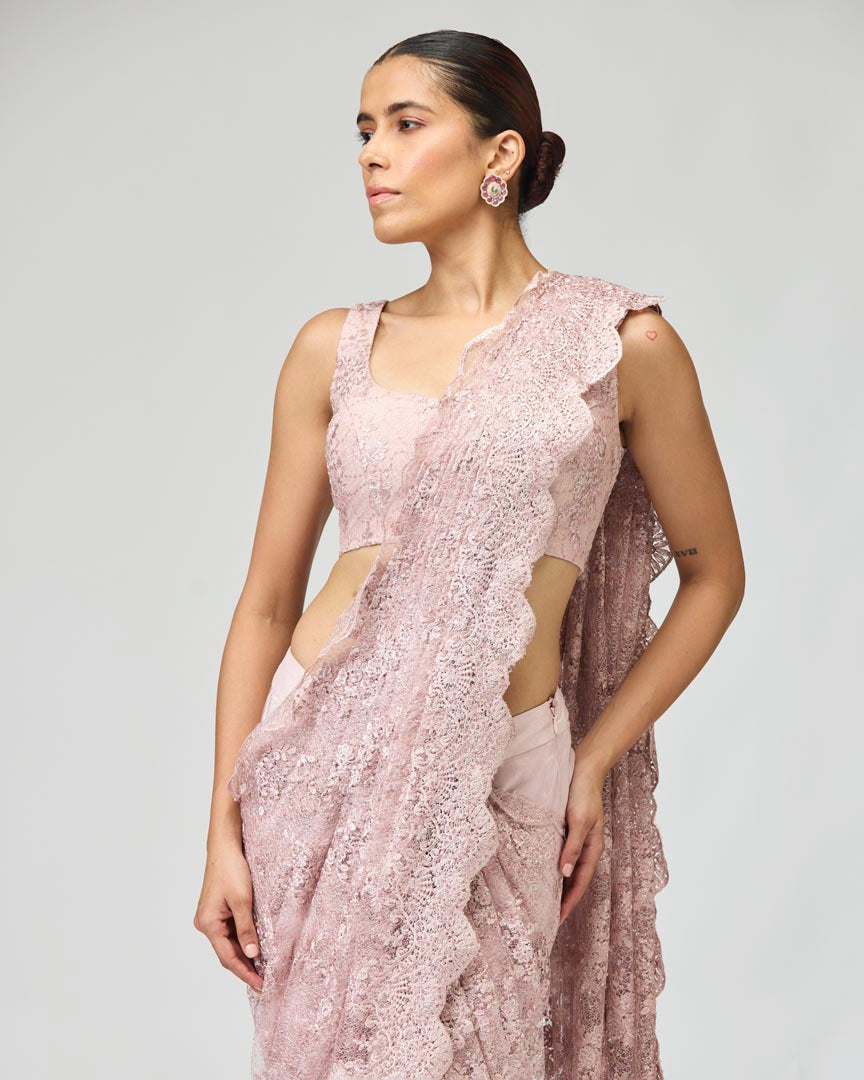 Pink Sheer Viscose Tissue Embroidered Saree Set for Cocktails