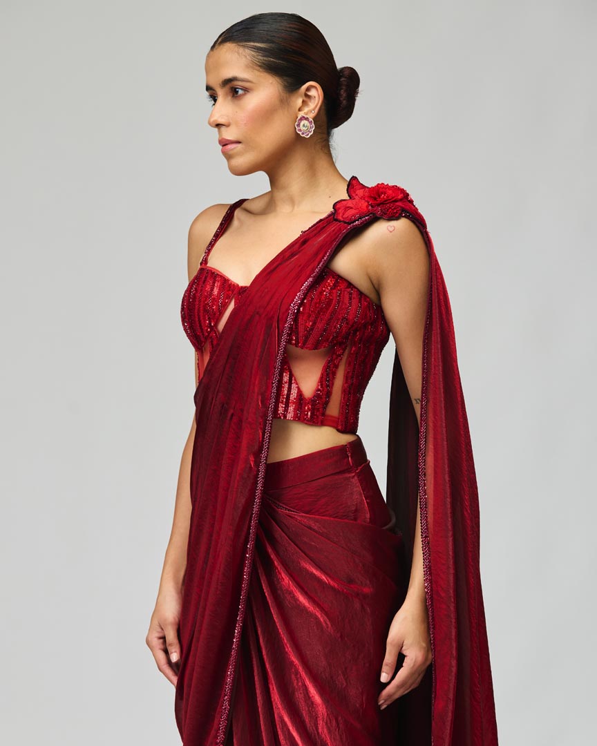 Red Silk Georgette Saree Set with Tonal Embroidery for Weddings