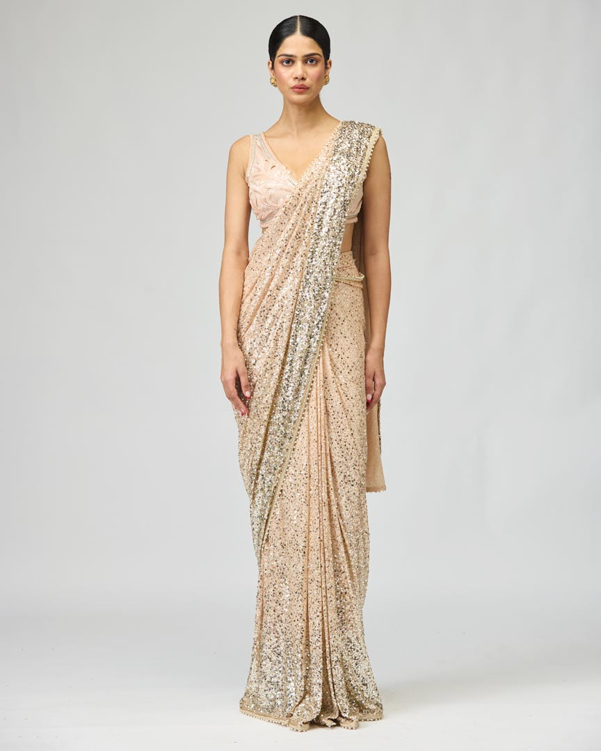 Peach Silk Georgette Ombre Saree Set with Elegant Sequin Work