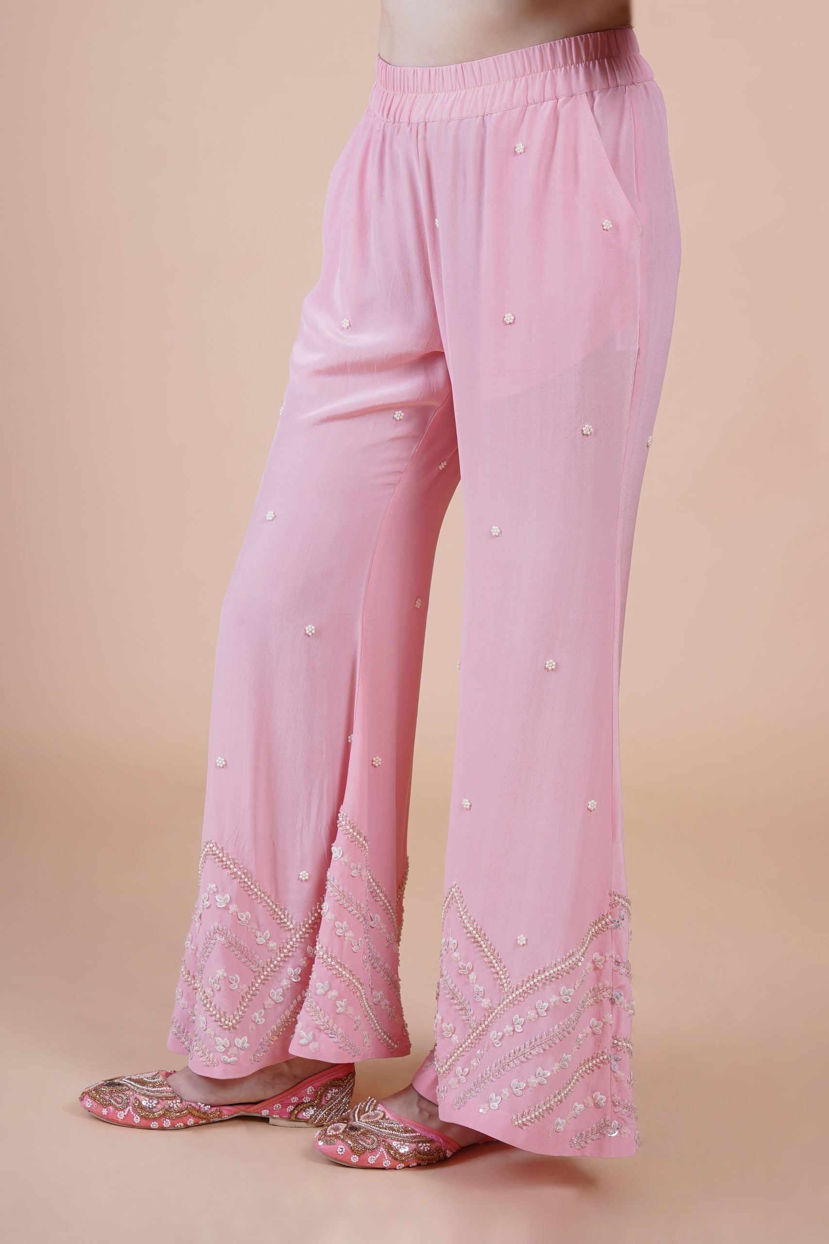 Image of Pink net embroidered kurta suit set