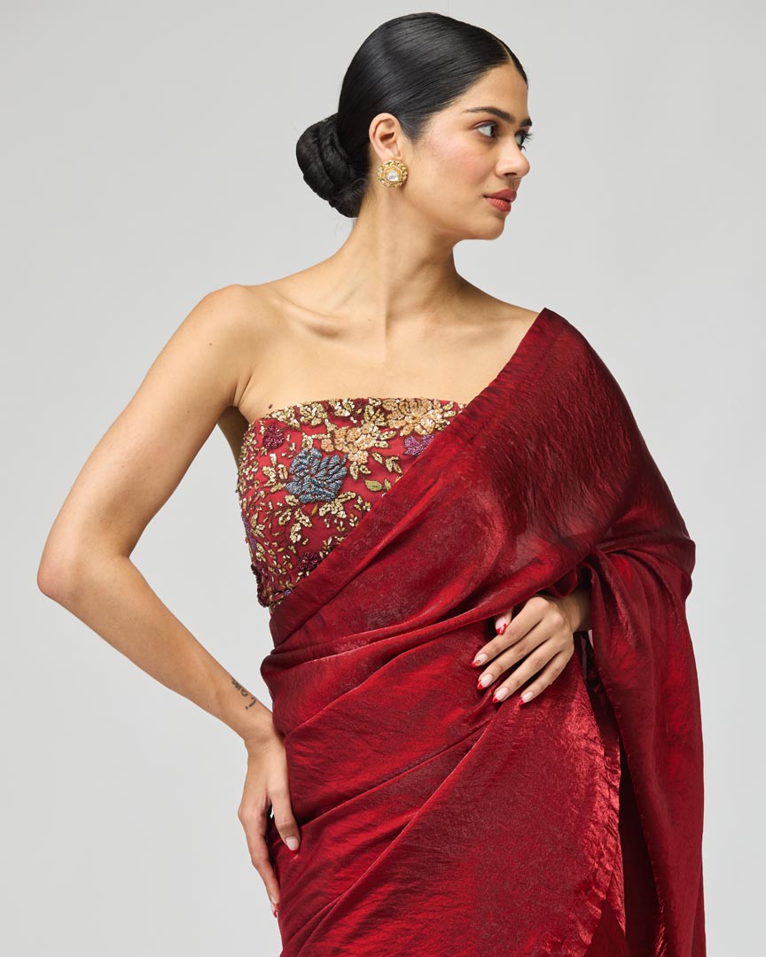 Maroon Net Embroidered Saree Set in Glossy Organza - Festive Wear
