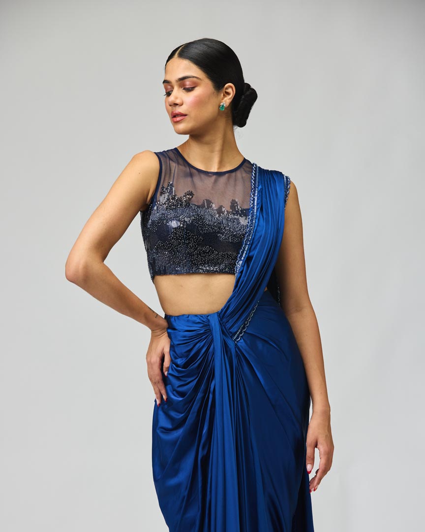 Navy Armani Satin Saree Set - Elegant Cocktail & Evening Wear