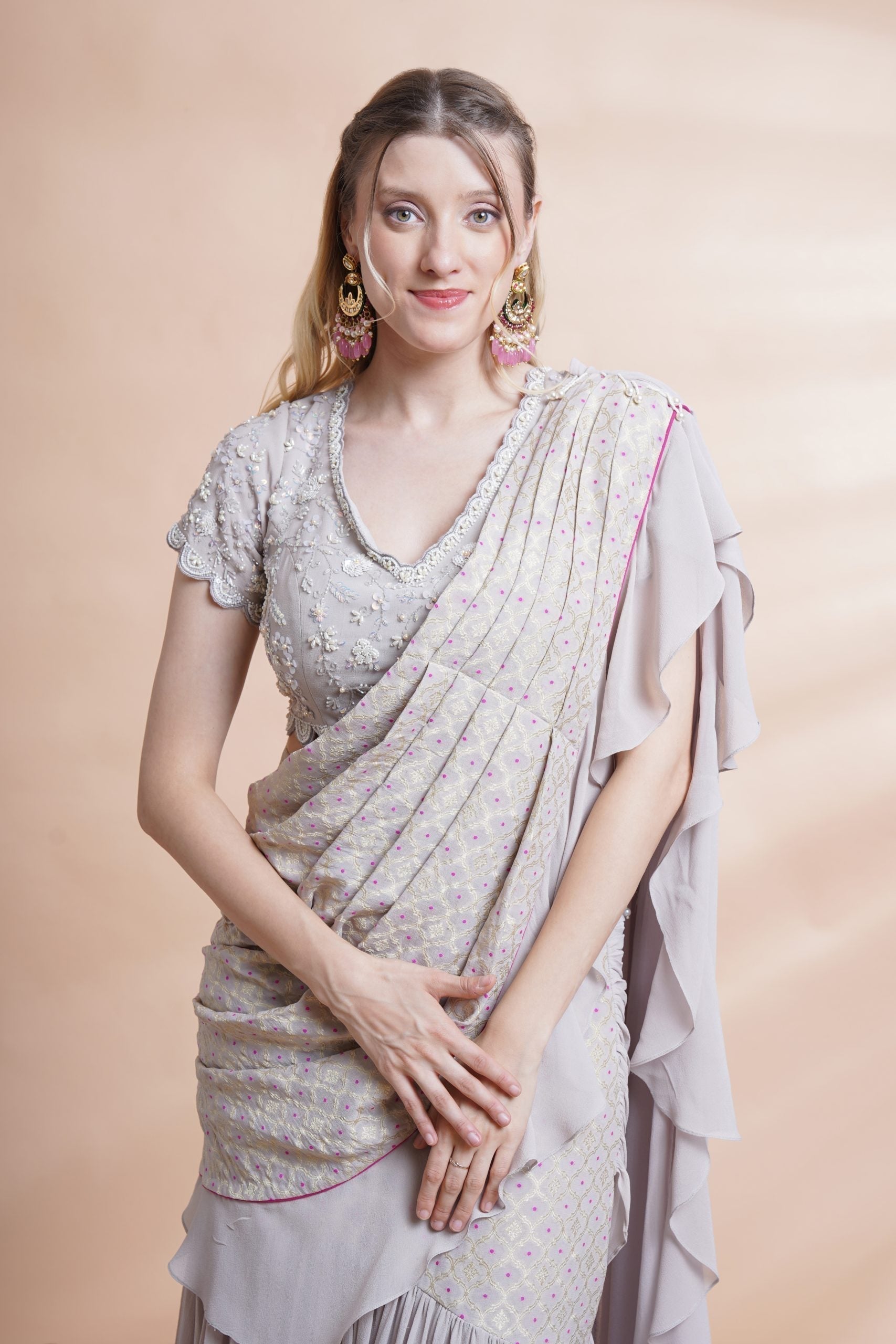 Image of Grey georgette drape saree set