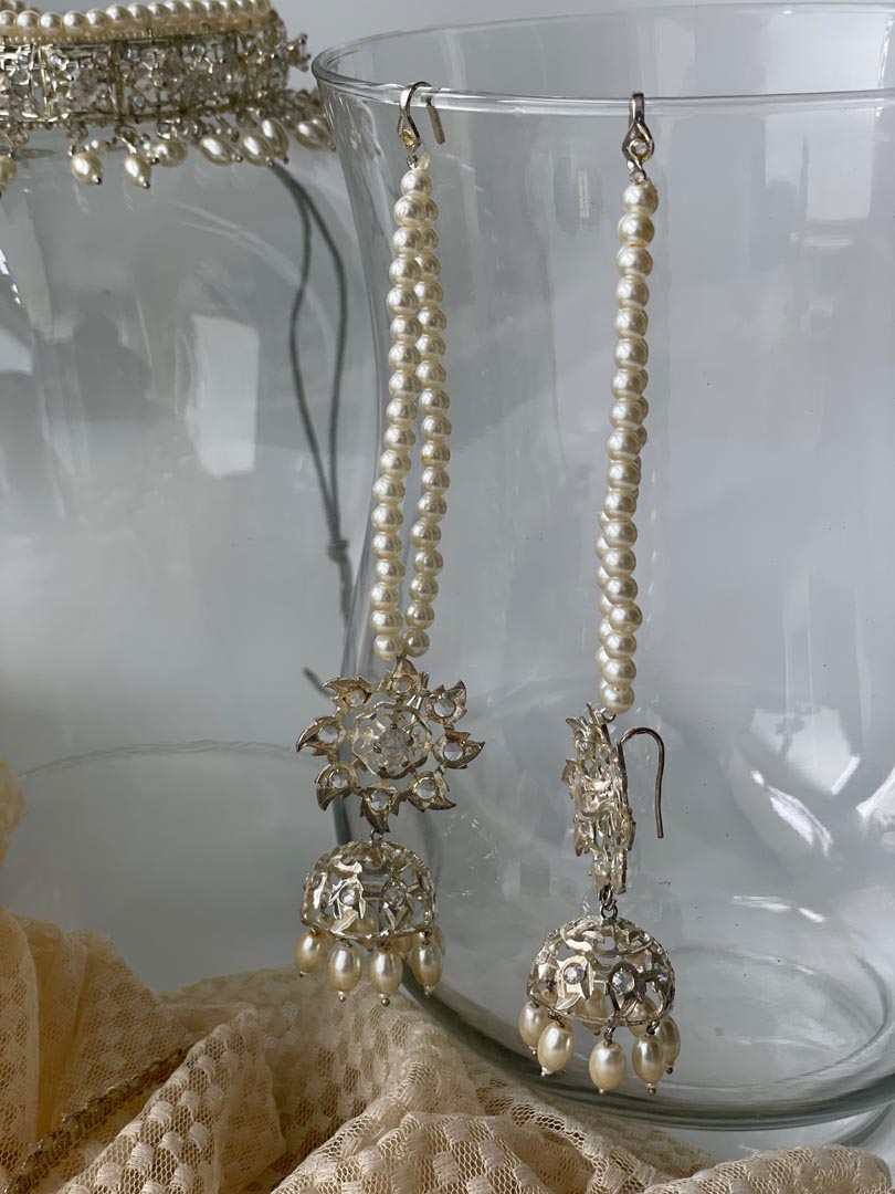 White Finish Pearl Long Layered Kundan Necklace with Choker Complete Set