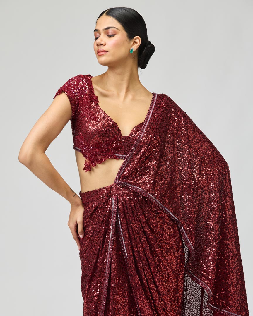 Maroon Sequin Saree Set with Dory Embroidery for Festive Wear