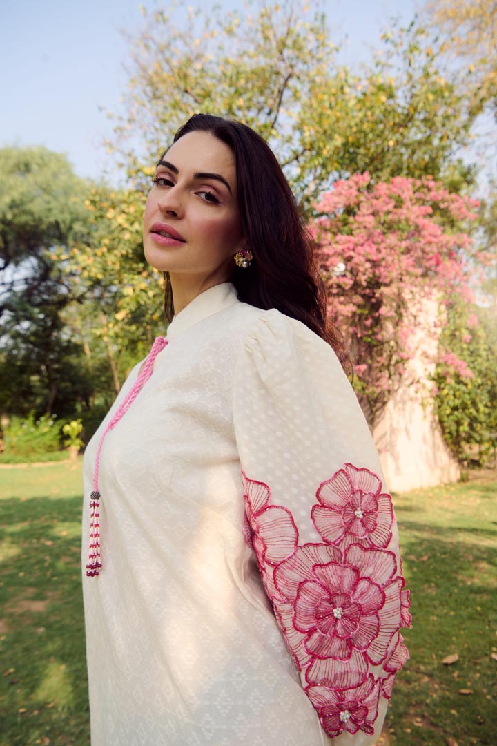 PINK SLEEVES EMB DRESS- RIKA DRESS