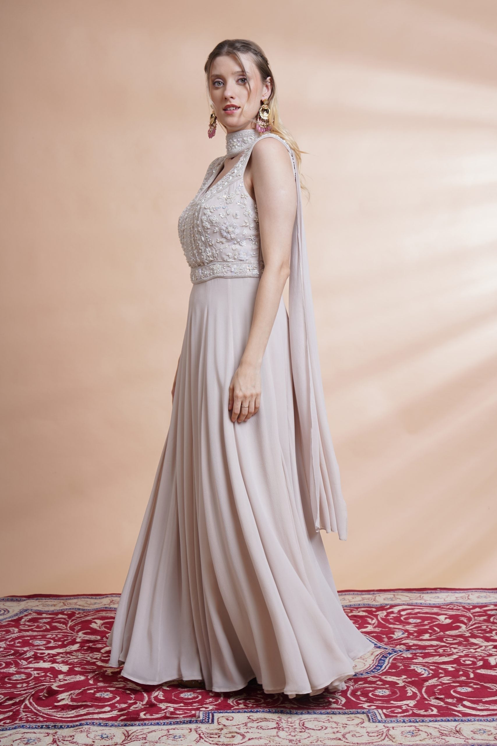 Image of Grey georgette flare gown set