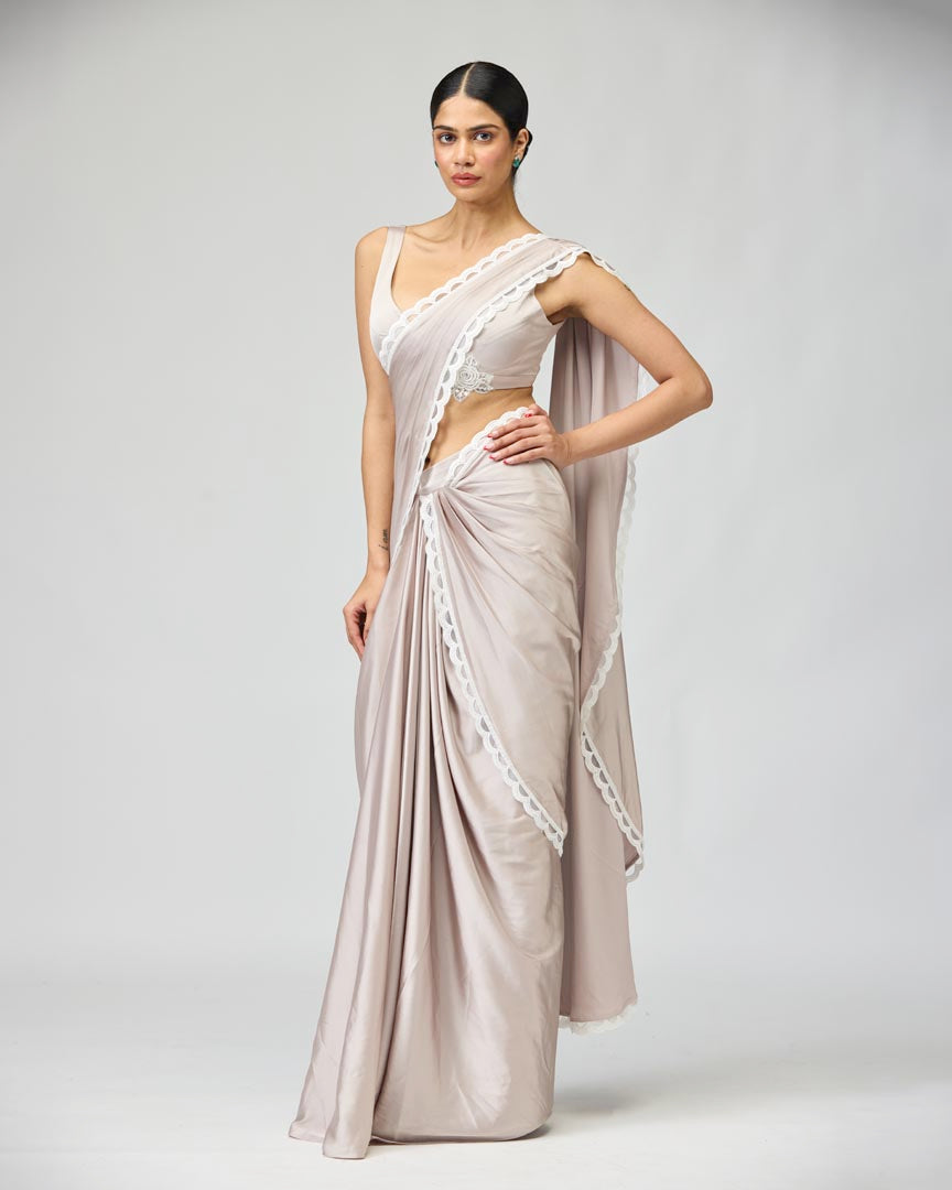Blush Embroidered Armani Satin Saree Set for Festive Evenings