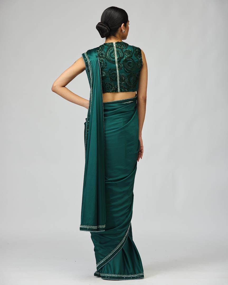 Emerald Green Armani Satin Saree Set with Embellished Blouse