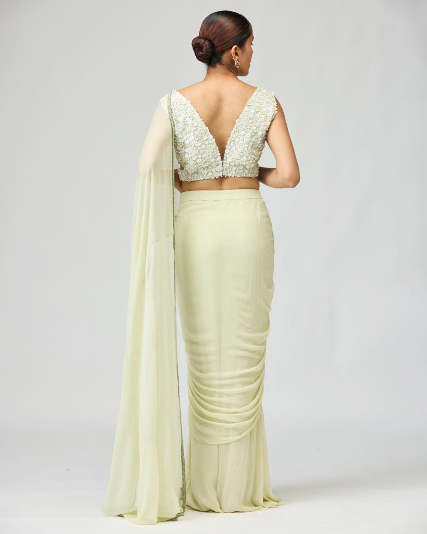 Lime Green Silk Chiffon Saree with Beadwork for Festive Occasions