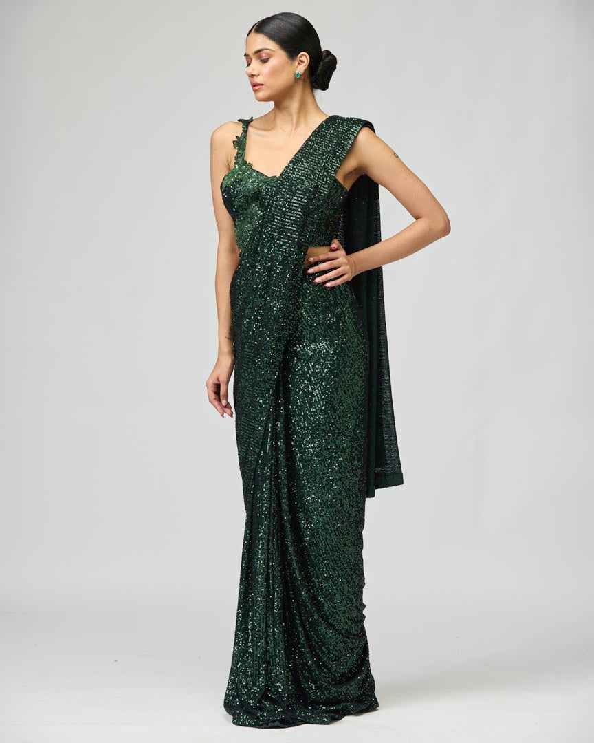 Dark Green Sequin Saree Set with Elegant Dory Work Festive Wear