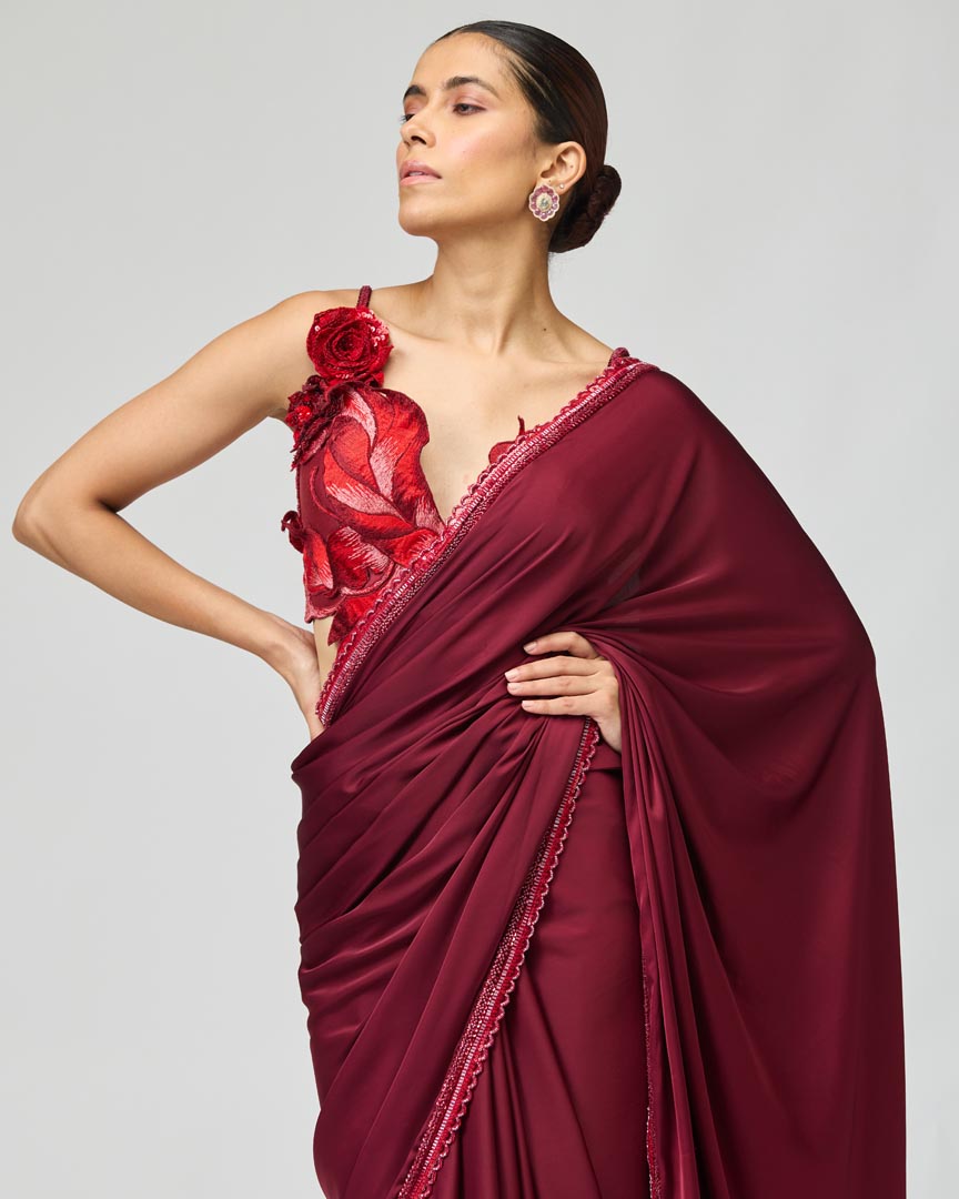 Glossy Organza Saree Set in Wine with 3D Leaf Embellishments