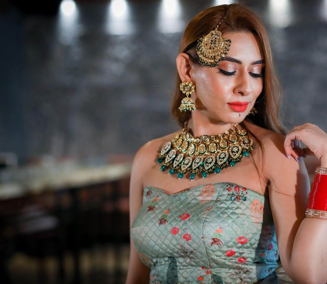 Green Meenakaari Kundan Necklace Set