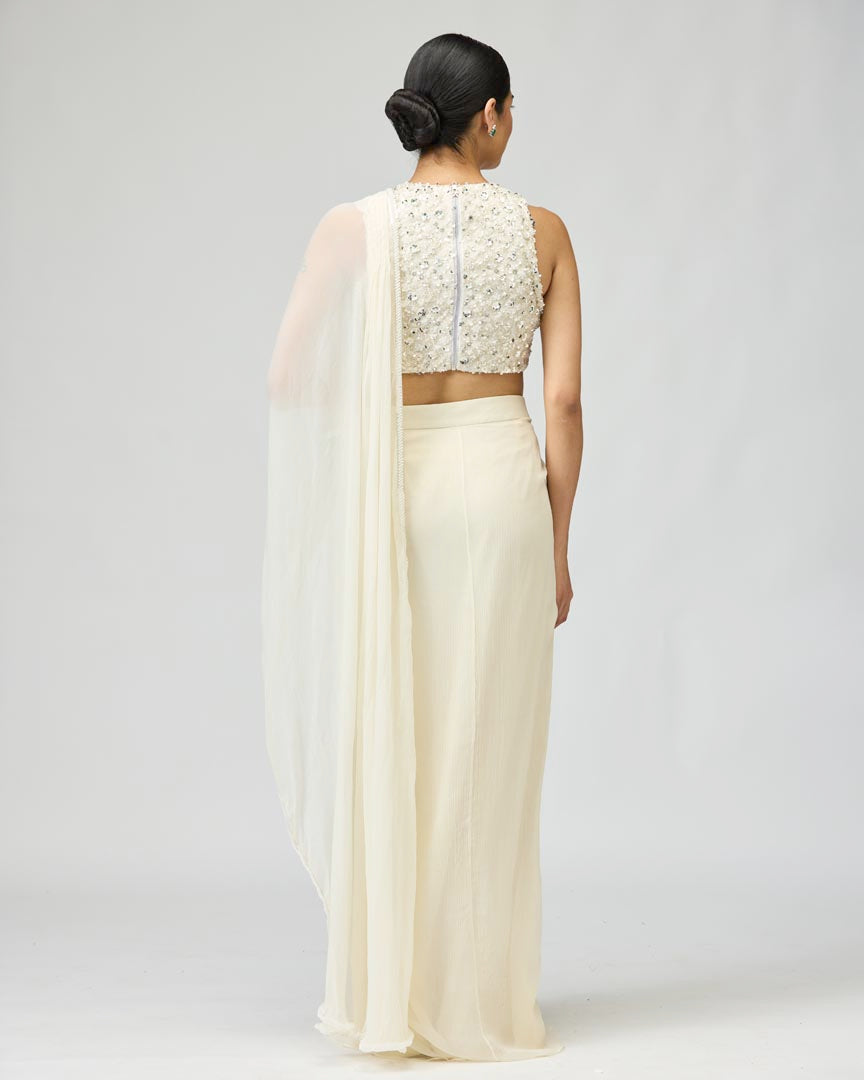 Ivory Silk Chiffon Saree with Cutdana Bead Embroidery - Festive Wear