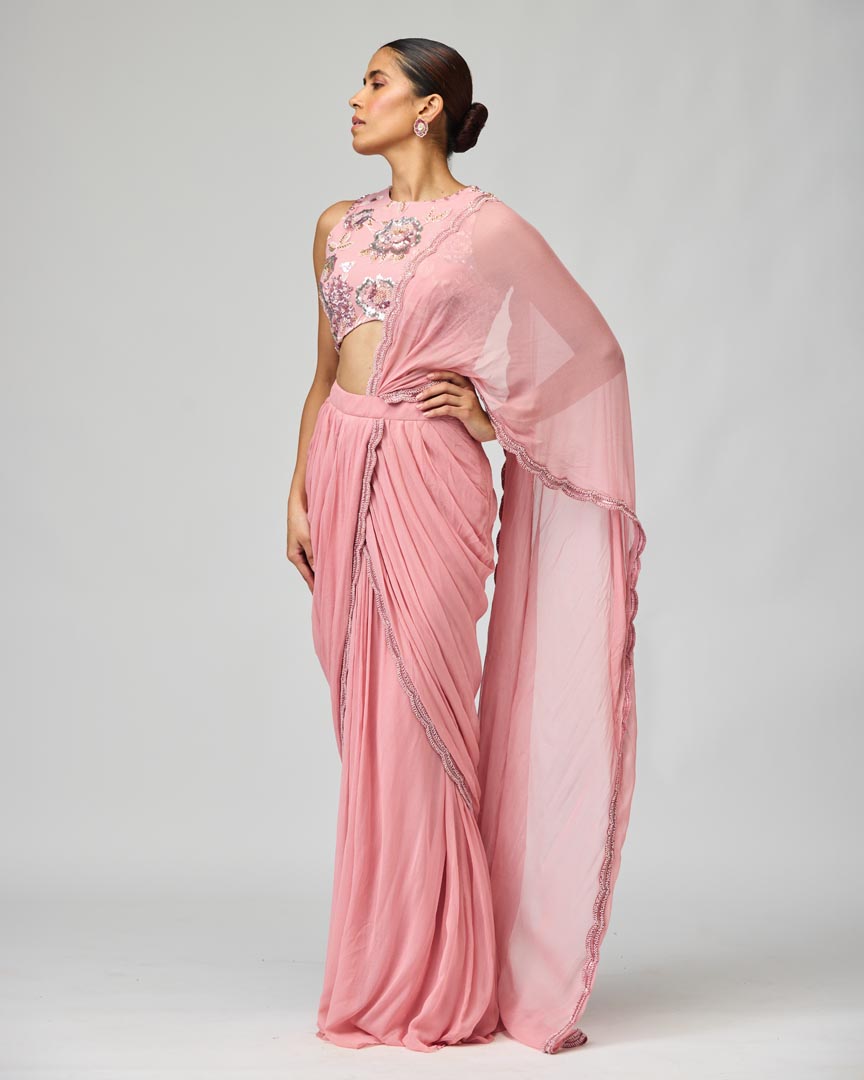 Light Pink Silk Chiffon Saree Set with Cutdana & Bead Work
