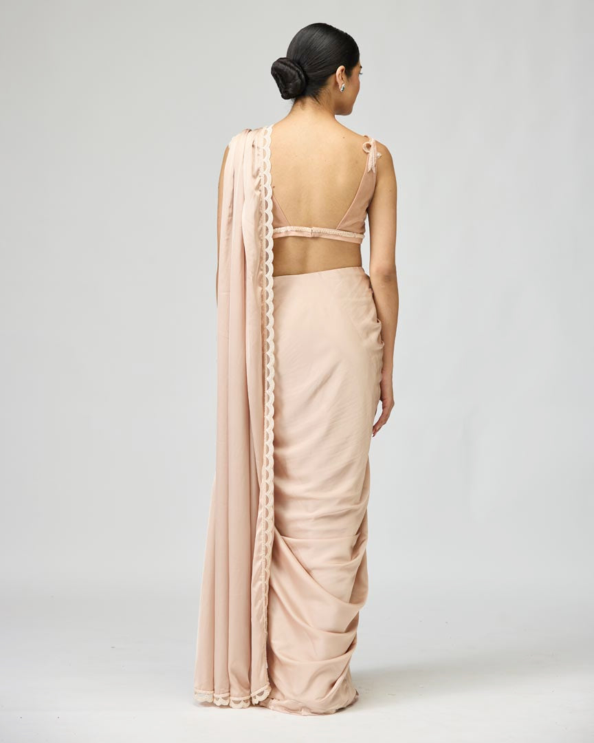 Blush Pink Armani Satin Saree Set with Intricate Zari Embroidery