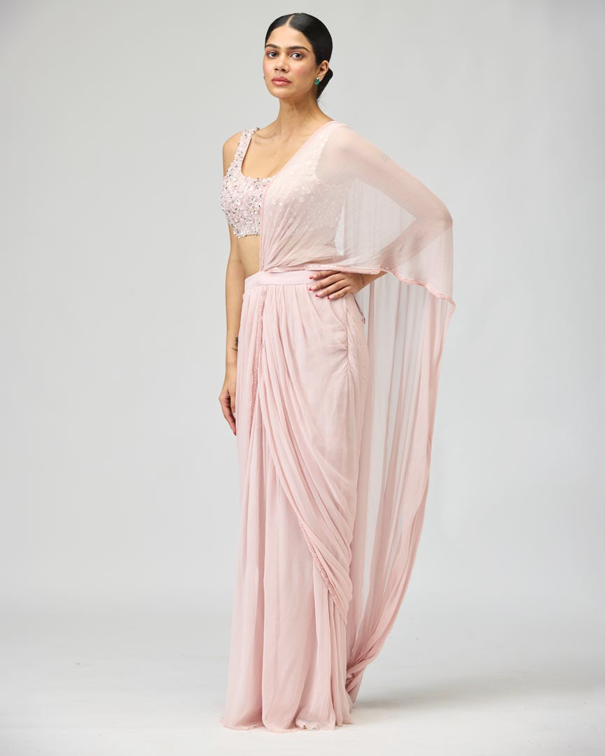 Light Pink Silk Chiffon Saree Set with Pearl Work & Cutdana Border