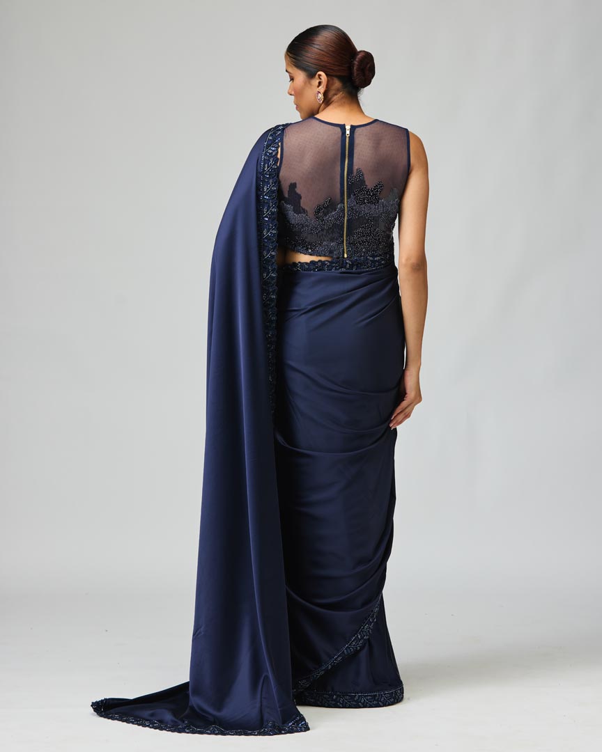 Navy Embellished Saree Set in Fluid Armani Satin & Net