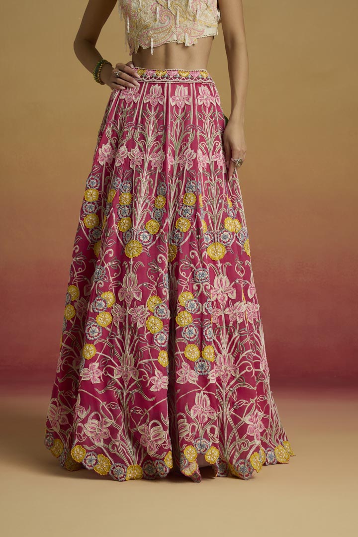 Hot Pink Contrast Threadwork Silk Organza Lehenga - Wedding Wear