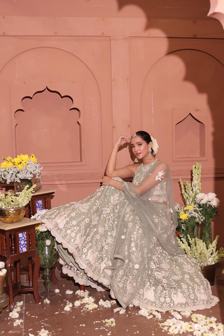 Sage Serenity Embroidered Peacock Lehenga Set