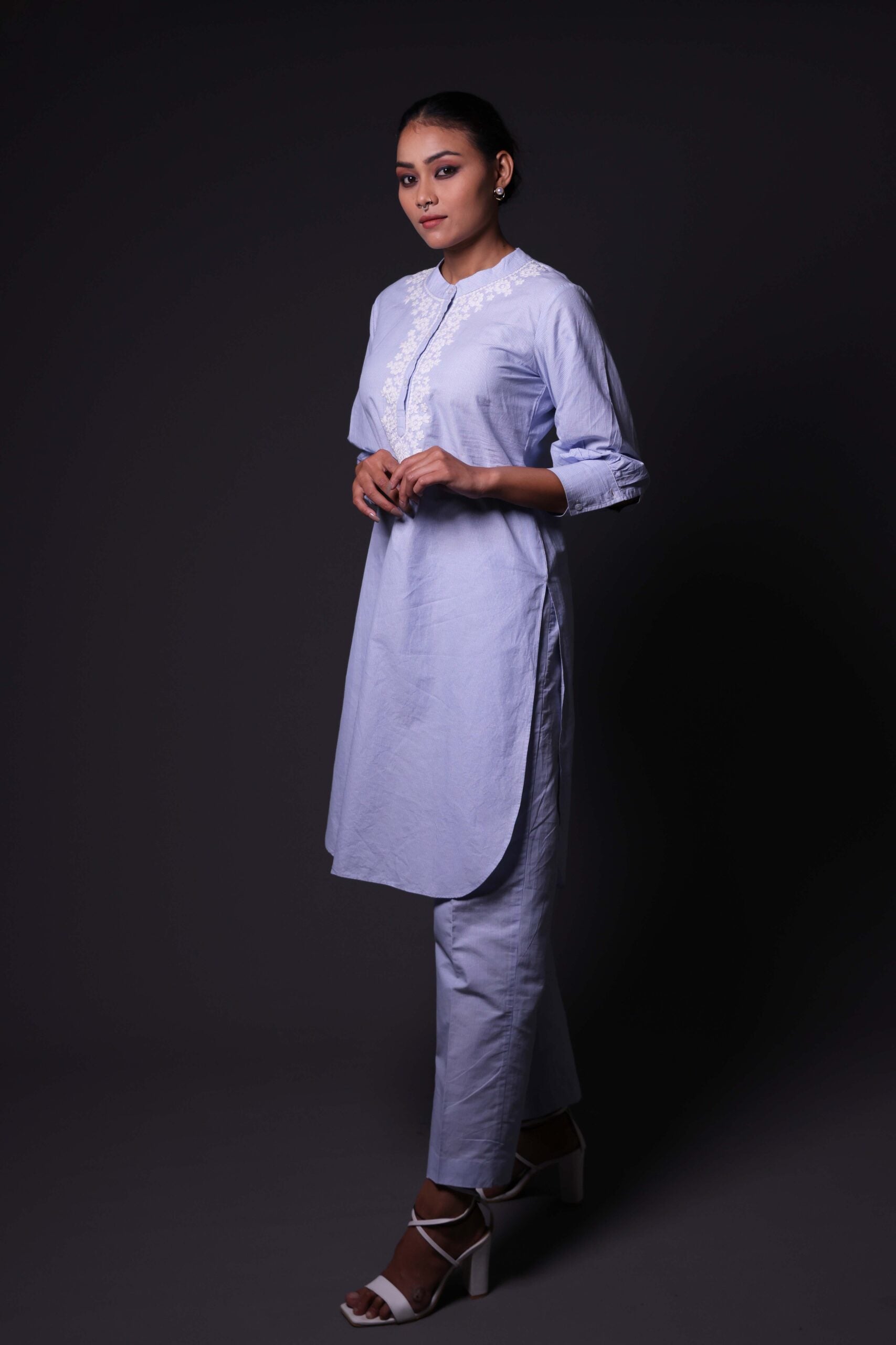 Blue and White Stripes Print Kurta with Palazzo