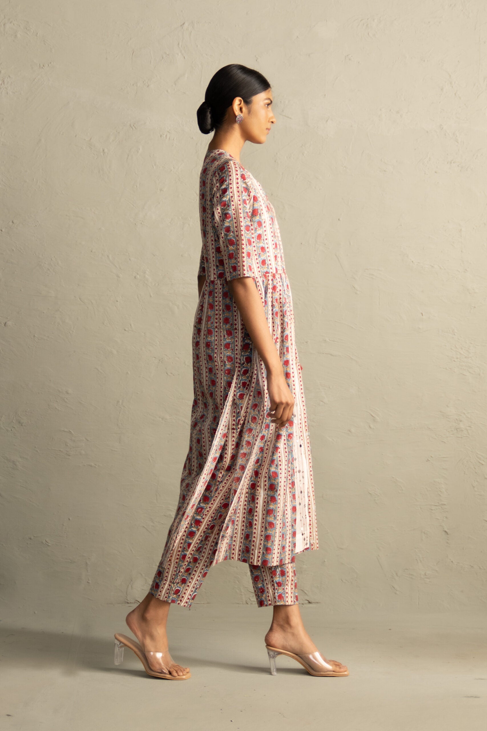 Cream Phool Dori Hand Block Angrakha Straight Kurta Set