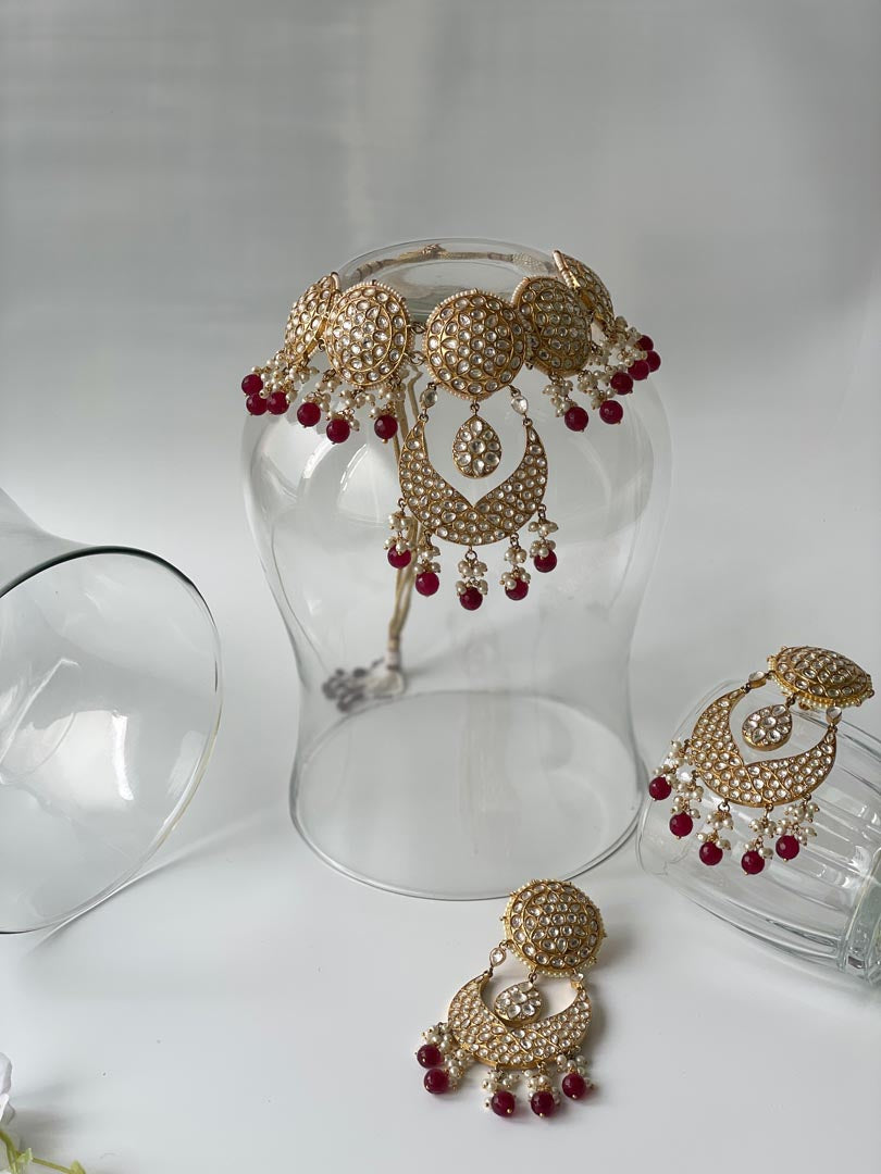 White Kundan Choker Set With Red Beads