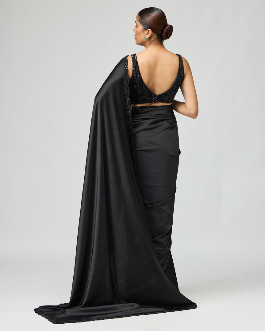 Black Embroidered Armani Satin Saree Set for Elegant Evening Wear