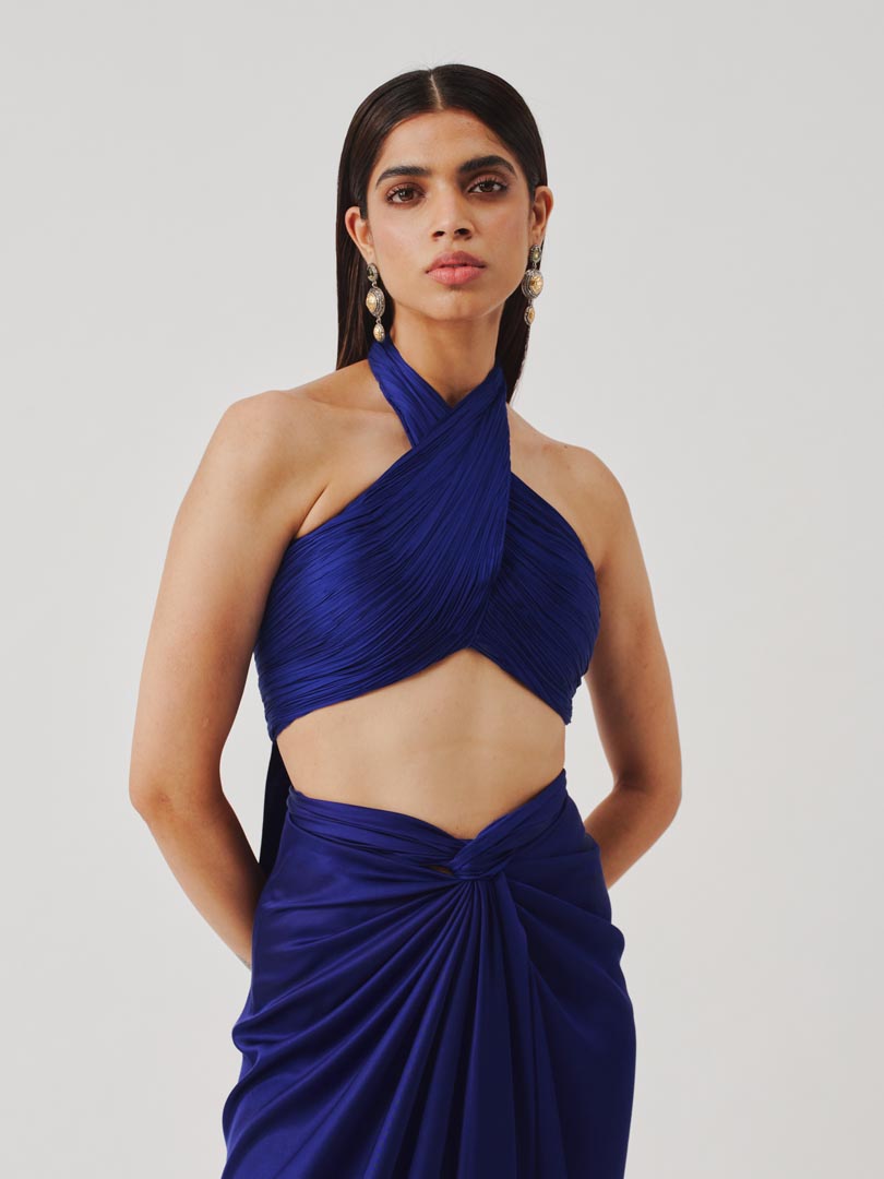 Hope Halter Neck Top in Blue with Elastic Back
